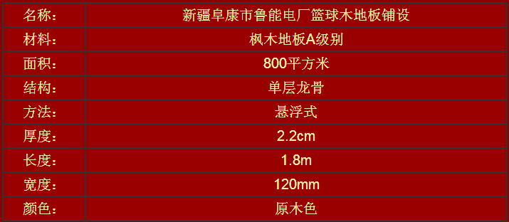 新疆阜康市魯能電廠籃球場（chǎng）木地板鋪設